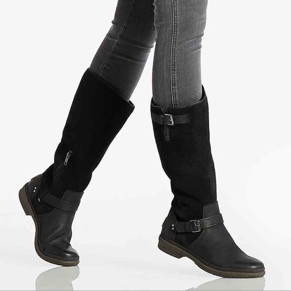 UGG Waterproof Suede Leather Riding Boots in Black, Size 6.5 - Picture 1 of 11